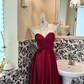 Burgundy Strapless Satin Waist-Cinched Full Flared Skirt Vintage Romantic Gown gh7559