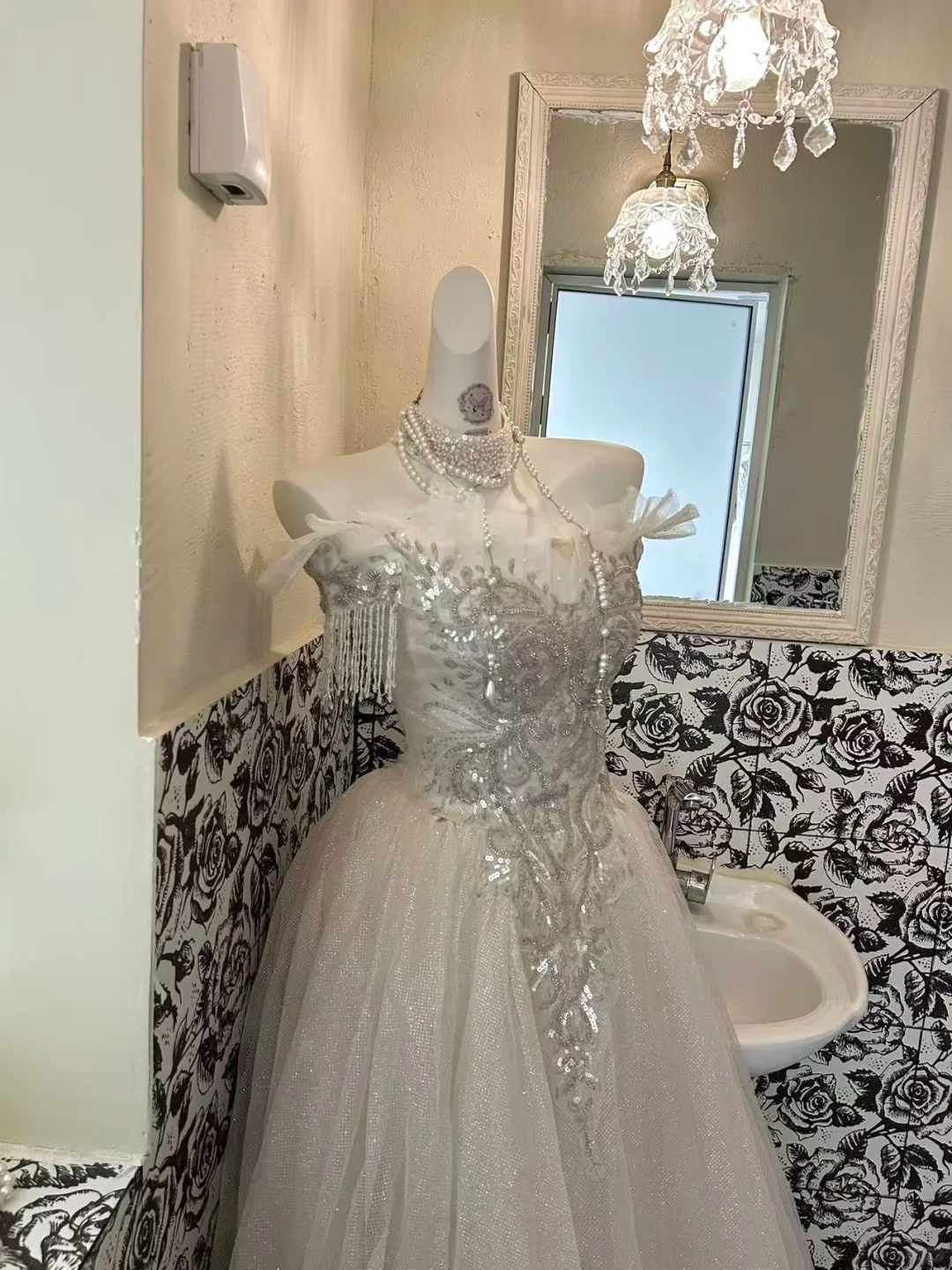 Ivory Gown With Silver Sequins, Vintage Luxury Waist-Cinched Full Flared Long Romantic Dress, Wedding Gown gh7716