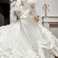 Ivory Vintage Lace High‑Neck Puff‑Sleeve Draped Ruched Long Train Wedding Dress gh8768