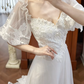 White Vintage Tulle A‑Line Wedding Prom Dress, Sweetheart V‑Neck Ruffle Puff Sleeves, 3D Floral Lace Appliqués, Tiered Cake Hem gh8707