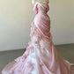 Pink gorgeous exquisite floral mermaid slim strapless long tulle floor-length ball gown evening wedding dress gh3396