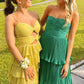Robe de soirée longue en satin jaune élégante à bretelles spaghetti, robe de bal à plusieurs niveaux, robe de soirée formelle gh3655