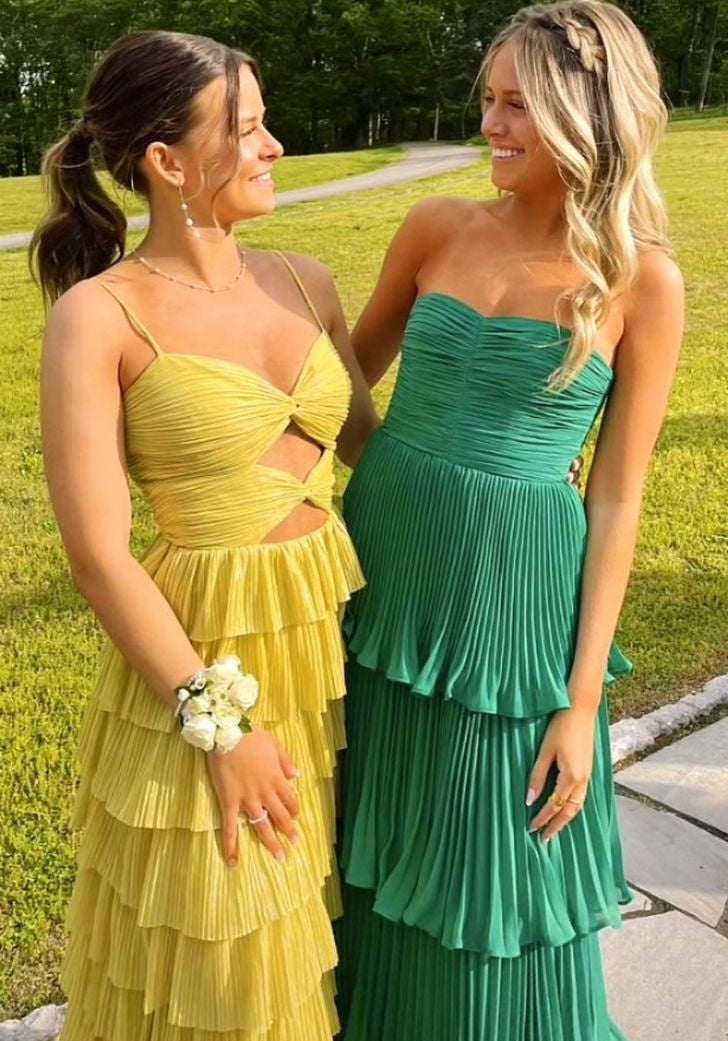 Robe de soirée longue en satin jaune élégante à bretelles spaghetti, robe de bal à plusieurs niveaux, robe de soirée formelle gh3655