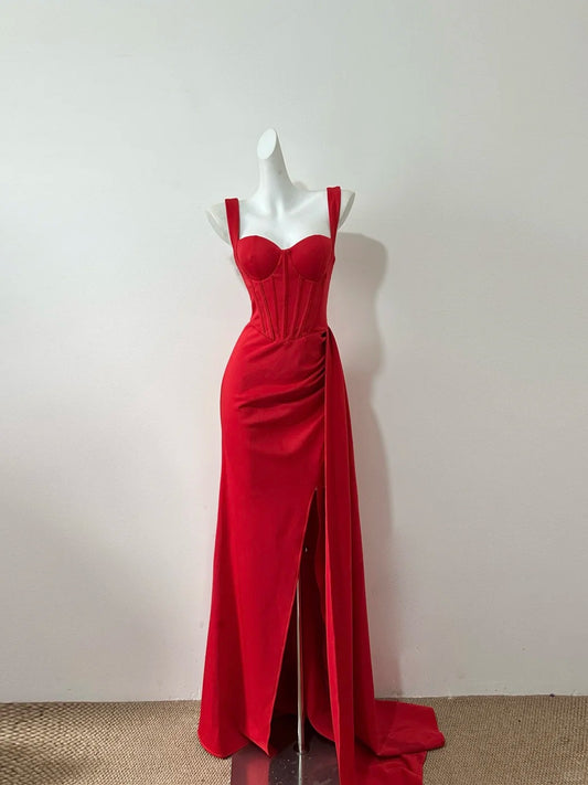 Robe de soirée longue rouge élégante en satin, longueur au sol, fendue, sexy, robe de bal, gh4049