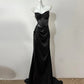 Schwarzes funkelndes, elegantes, exquisites, perlenbesetztes, langes, bodenlanges Satin-Pailletten-Ballkleid, Abendkleid, Partykleid gh4188