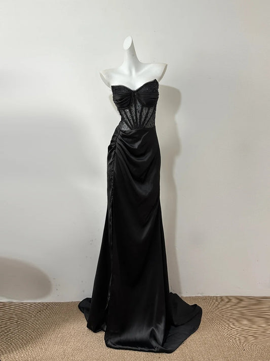 Robe de soirée longue en satin noir, élégante et scintillante, ornée de perles et de sequins, longueur au sol, gh4188