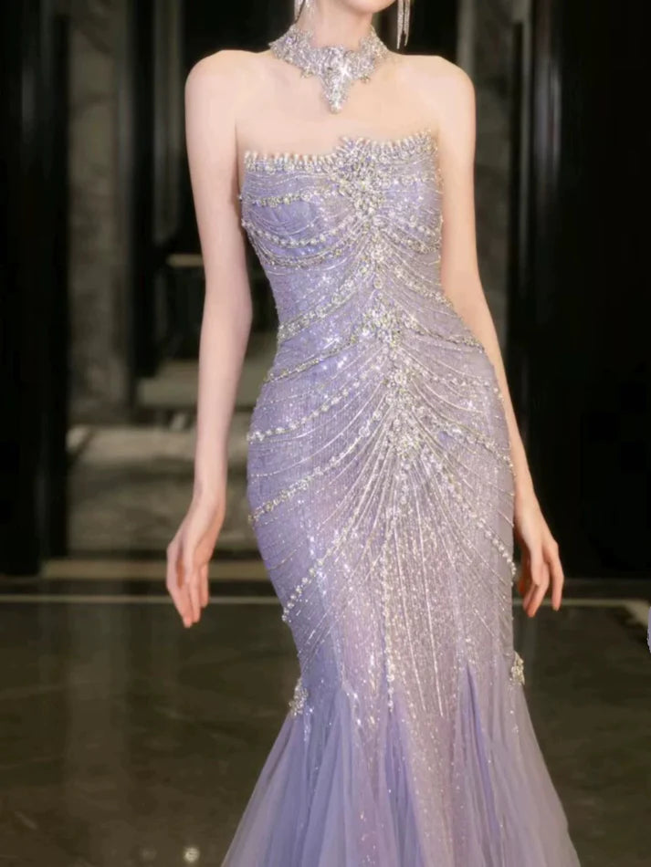 Wunderschönes, glänzendes, schulterfreies, exquisites, mit Perlen verziertes, langes Tüll-Meerjungfrauen-Kleid mit schmalem Fischschwanzrock, Ballkleid, formelles Abendkleid, Hochzeitskleid gh3559