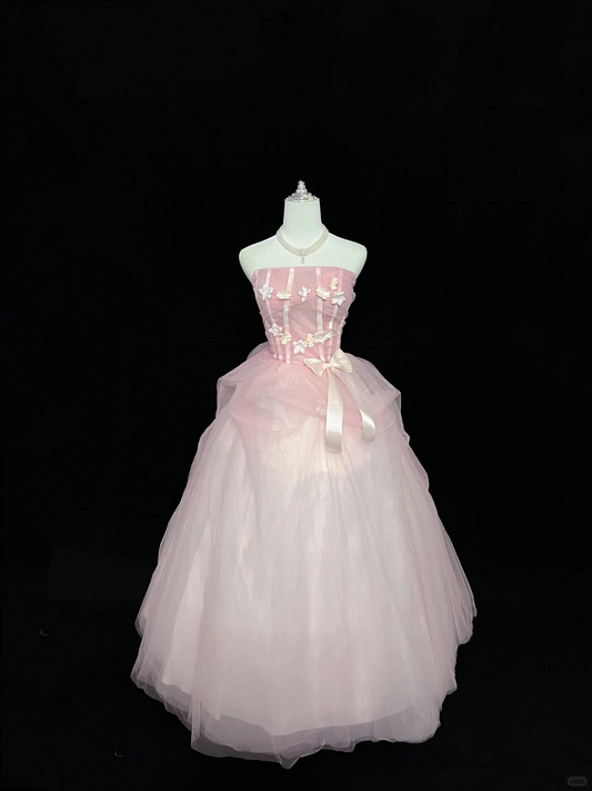 Blush Pink Youthful Strapless Cinched Waist Voluminous Skirt Cute Romantic Dress, Wedding Gown gh7959