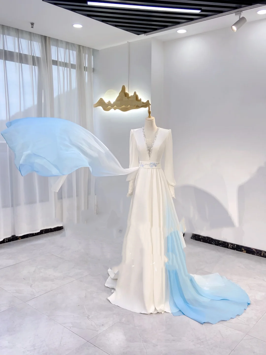 Light Blue & White Color Block V-Neck Waist-Cinched Fitted Long Magnificent Evening Dress, Fairy Gown, Romantic Gown gh7387