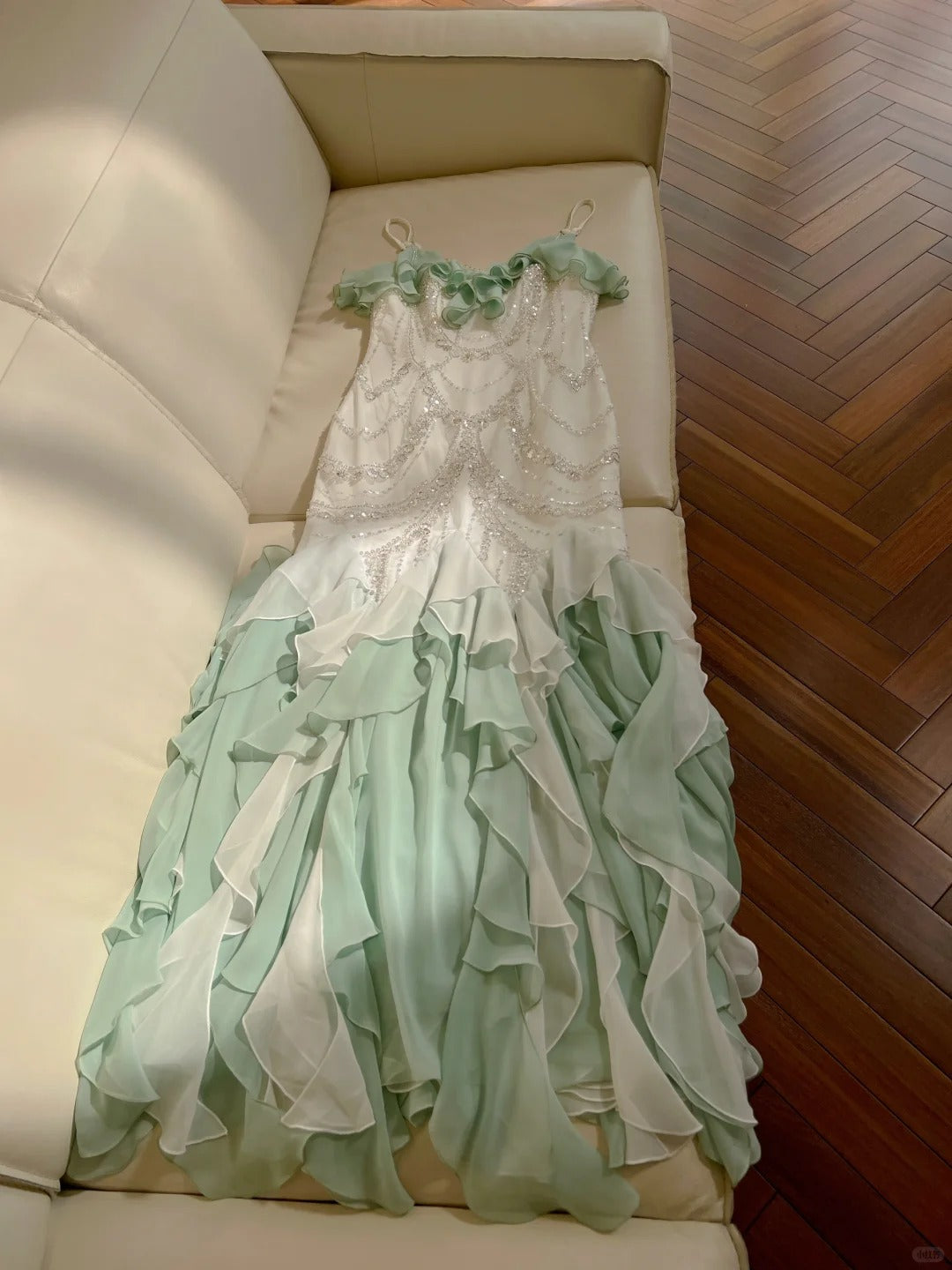 Mint Green Beaded Flowing Long Chiffon Ball Gown Birthday Party Dress Evening Dress gh4407