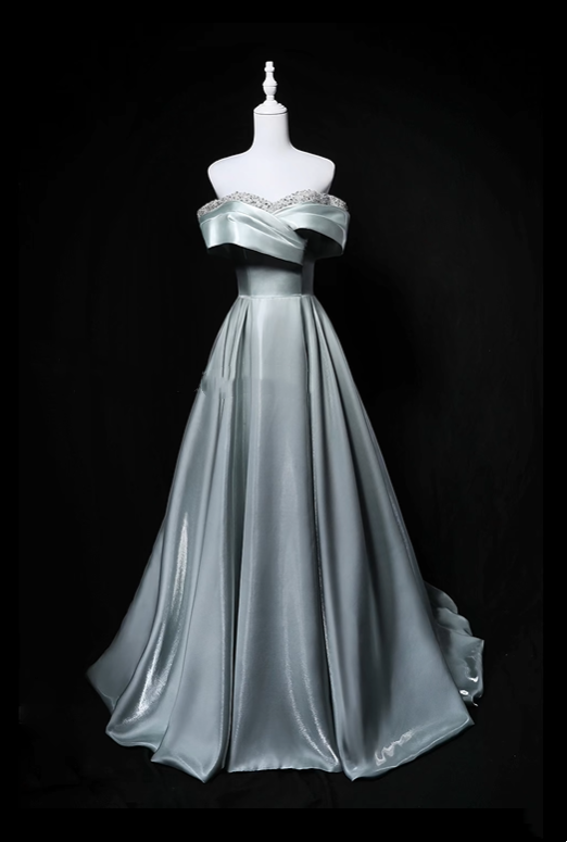 Dusty Mint Green Off-Shoulder Waist-Cinched Fitted Full Flared Long Evening Dress, Fairy Gown, Romantic Gown gh7470