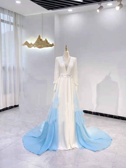 Light Blue & White Color Block V-Neck Waist-Cinched Fitted Long Magnificent Evening Dress, Fairy Gown, Romantic Gown gh7387