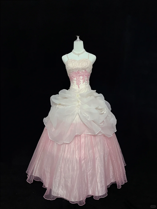 Off White Spaghetti Straps, Cinched Waist, Embroidered Vintage Elegant Gown with Blush Pink Voluminous Skirt, Romantic Dress, Wedding Gown gh8055
