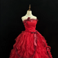 Red Strapless Cinched Waist Voluminous Tiered Skirt Long Romantic Dress, Wedding Gown gh7919