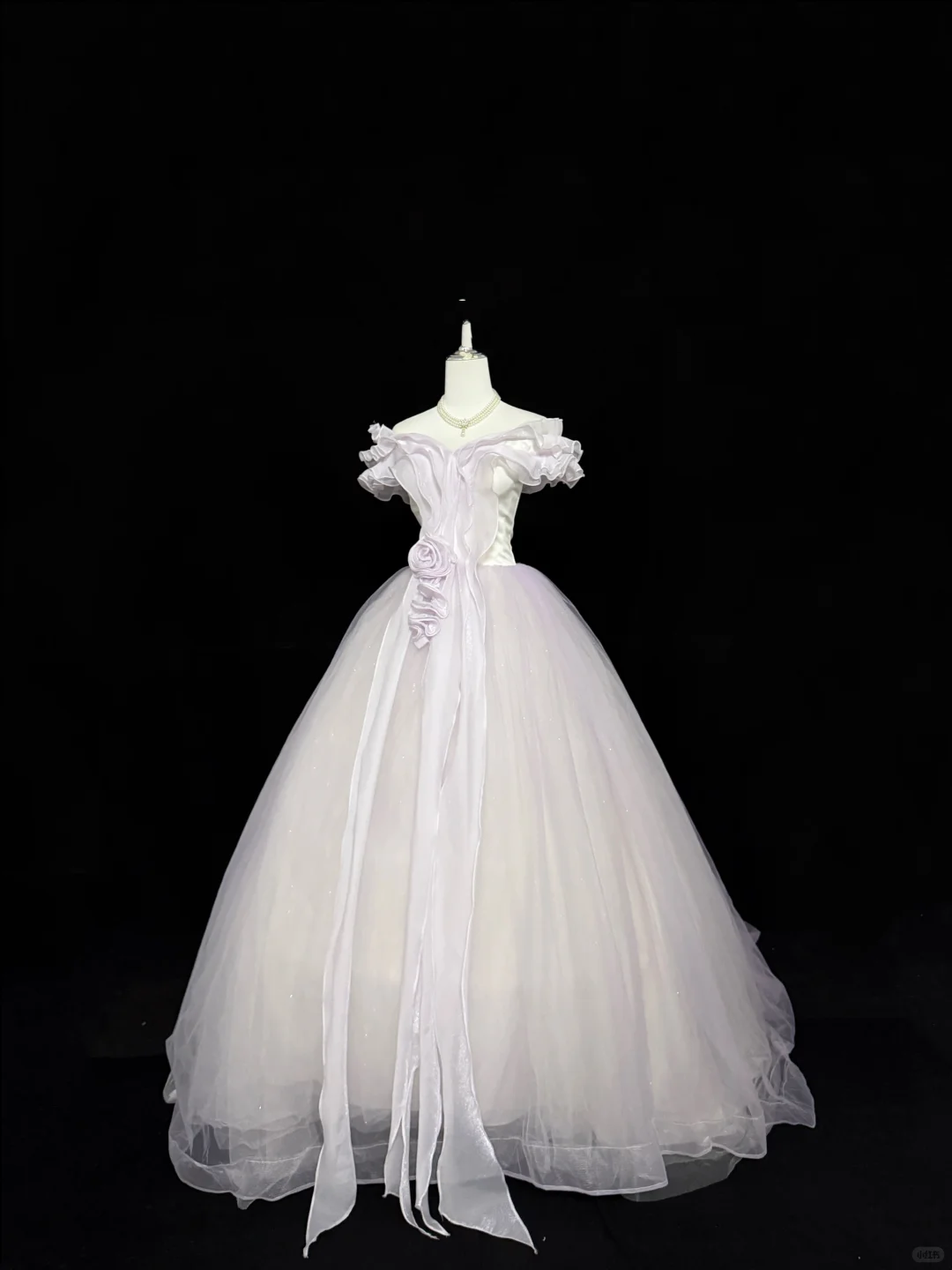 White Base Lavender Off-the-Shoulder Cinched Waist Voluminous Skirt Long Romantic Dress, Wedding Gown gh7836