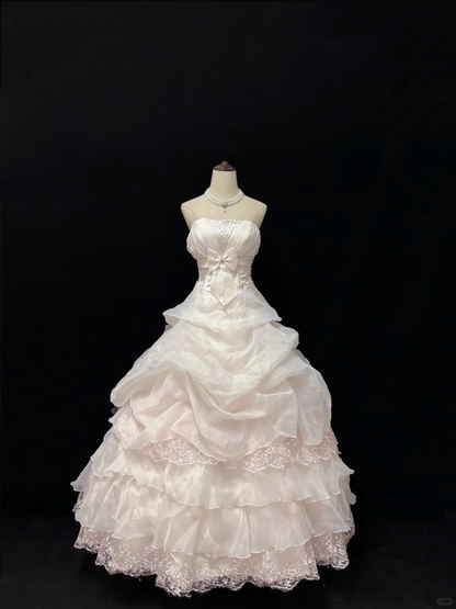 Blush Pink Strapless Vintage Luxury Romantic Dress, Cinched Waist, Voluminous Tiered Skirt, Wedding Gown gh8095