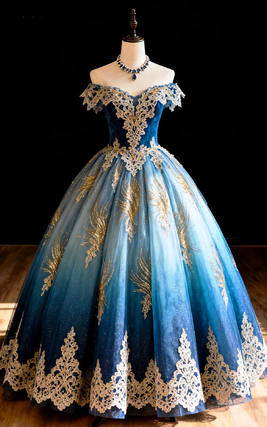 girlhomeshops-Blaues langes Vintage-Spitzen-Tüll-Ballkleid gh6239