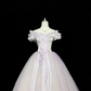 White Base Lavender Off-the-Shoulder Cinched Waist Voluminous Skirt Long Romantic Dress, Wedding Gown gh7836