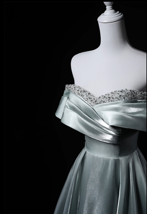 Dusty Mint Green Off-Shoulder Waist-Cinched Fitted Full Flared Long Evening Dress, Fairy Gown, Romantic Gown gh7470