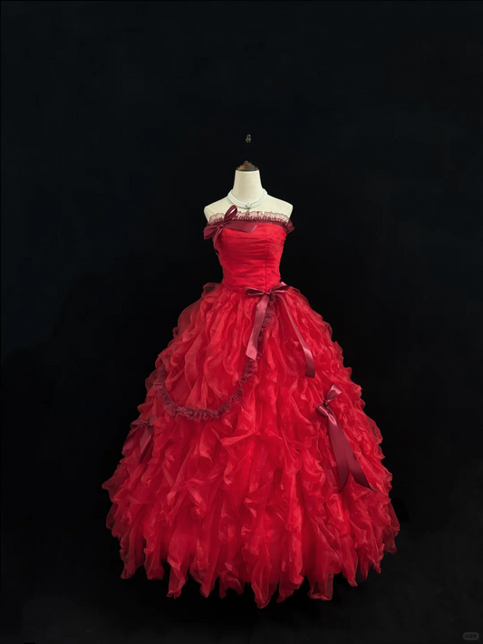 Red Strapless Cinched Waist Voluminous Tiered Skirt Long Romantic Dress, Wedding Gown gh7919