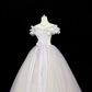 White Base Lavender Off-the-Shoulder Cinched Waist Voluminous Skirt Long Romantic Dress, Wedding Gown gh7836