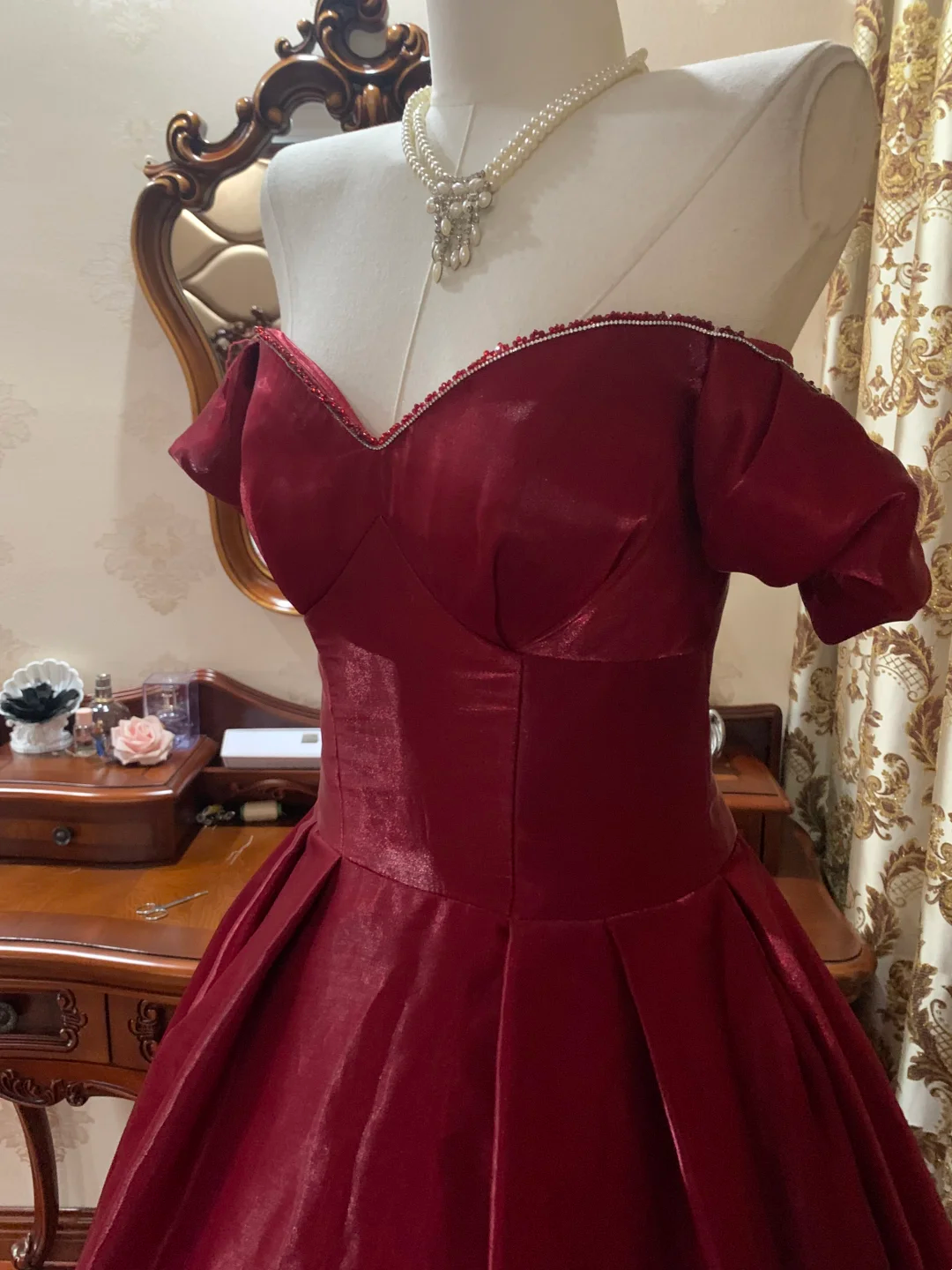 Burgundy One-Shoulder Waisted Voluminous Skirt Gown, Prom Dress, Graduation Dress, Birthday Party Dress gh7270