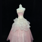 Off White Spaghetti Straps, Cinched Waist, Embroidered Vintage Elegant Gown with Blush Pink Voluminous Skirt, Romantic Dress, Wedding Gown gh8055