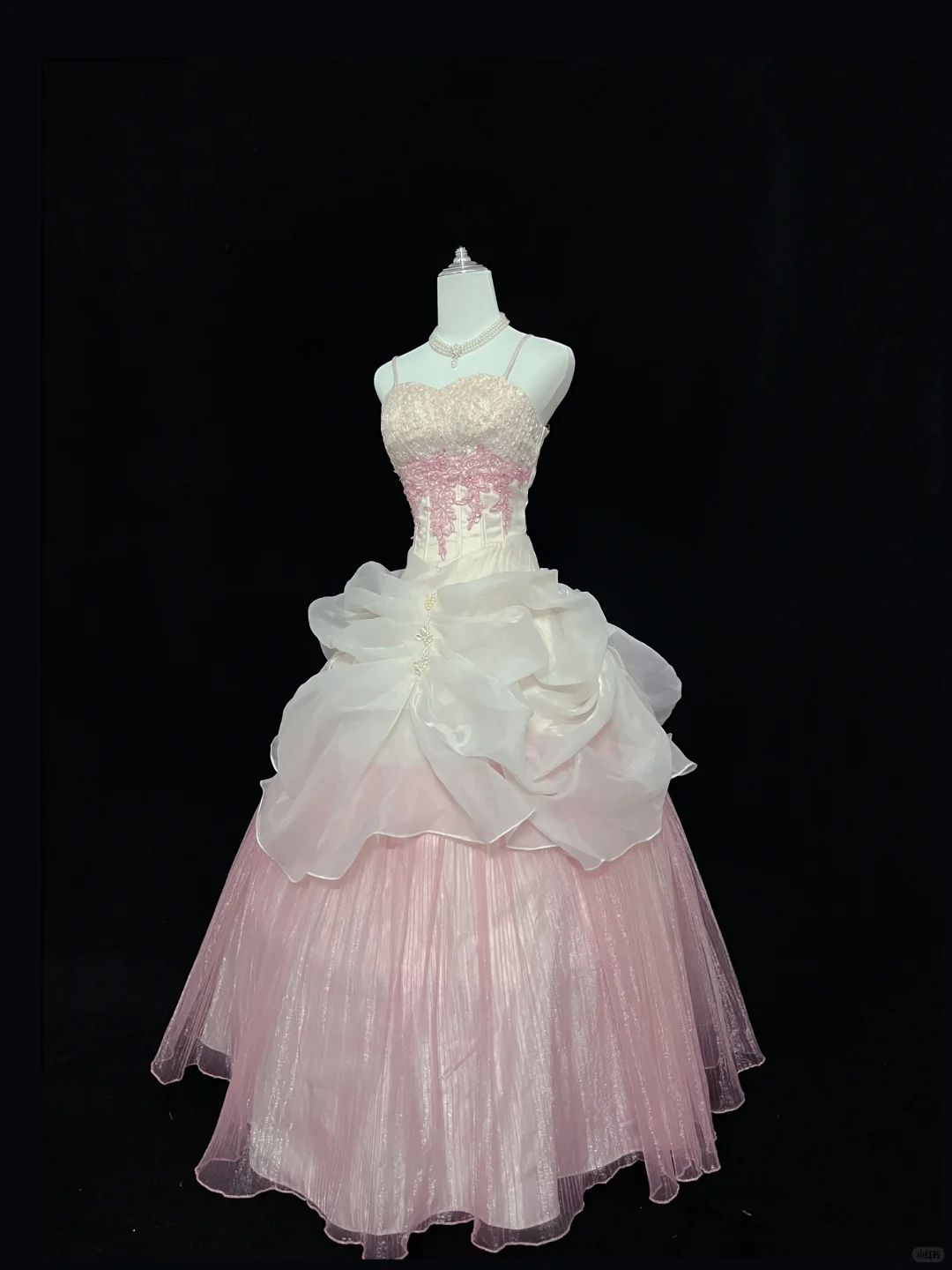 Off White Spaghetti Straps, Cinched Waist, Embroidered Vintage Elegant Gown with Blush Pink Voluminous Skirt, Romantic Dress, Wedding Gown gh8055