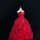 Red Strapless Cinched Waist Voluminous Tiered Skirt Long Romantic Dress, Wedding Gown gh7919