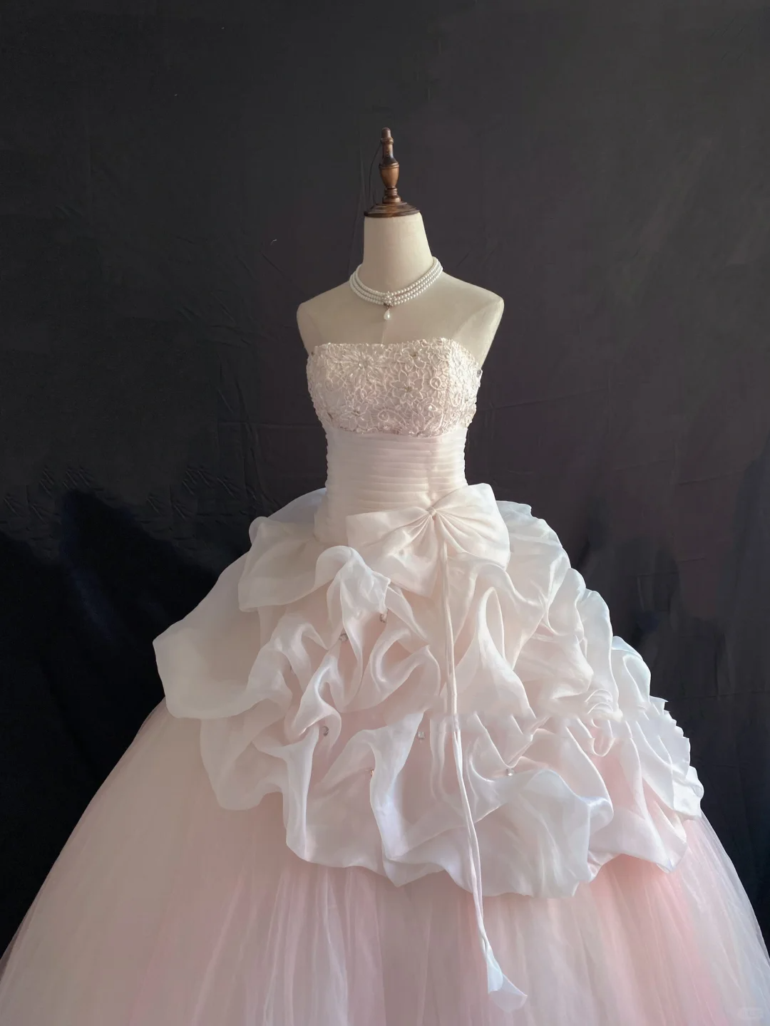 Blush Pink Strapless Long Romantic Gown, Cinched Waist, Voluminous Tiered Cake Skirt, Wedding Dress & Bridal Gown gh8224