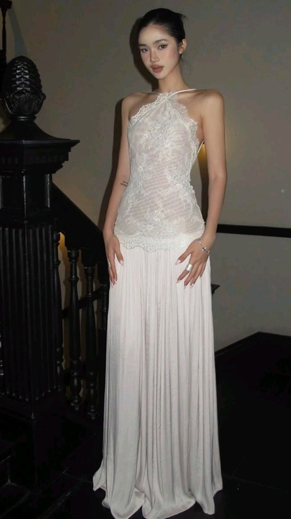 White Halter Lace Waist-Cinched Elegant Prom Dress, Evening Gown gh7297