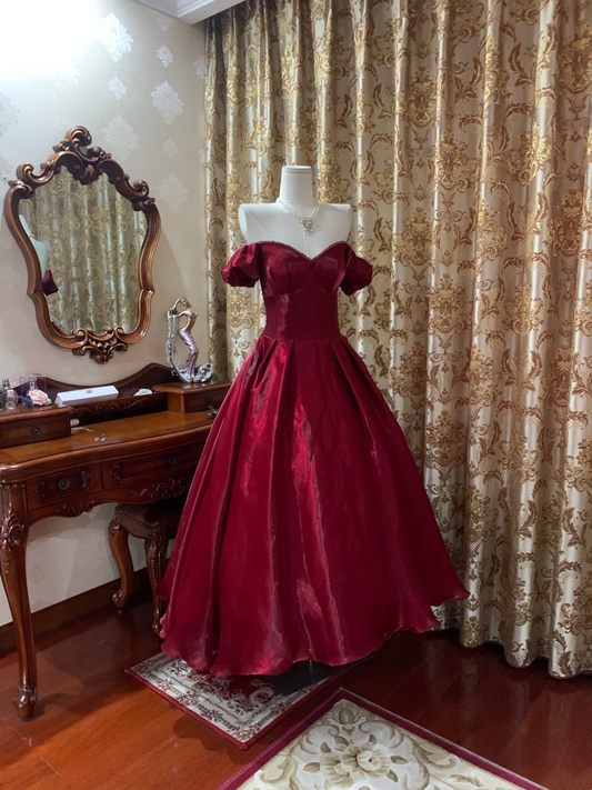 Burgundy One-Shoulder Waisted Voluminous Skirt Gown, Prom Dress, Graduation Dress, Birthday Party Dress gh7270