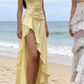 Light Yellow Satin Spaghetti Strap Maxi Dress - V-Neck Ruffle High-Slit Garden Party/Beach Vacation/Light Evening Dress gh6996