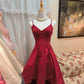 Robe de soirée courte en satin rouge, style rétro élégant, à bretelles, pour bal de promo, anniversaire, gh4152