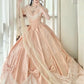 Pfirsichrosa Satin-Ballkleid im viktorianischen Lolita-Stil mit schulterfreiem Ausschnitt: Satinstoff, Spitzenschleife, Retro-Ballkleid-Silhouette, formelles Kleid für Teepartys gh6735