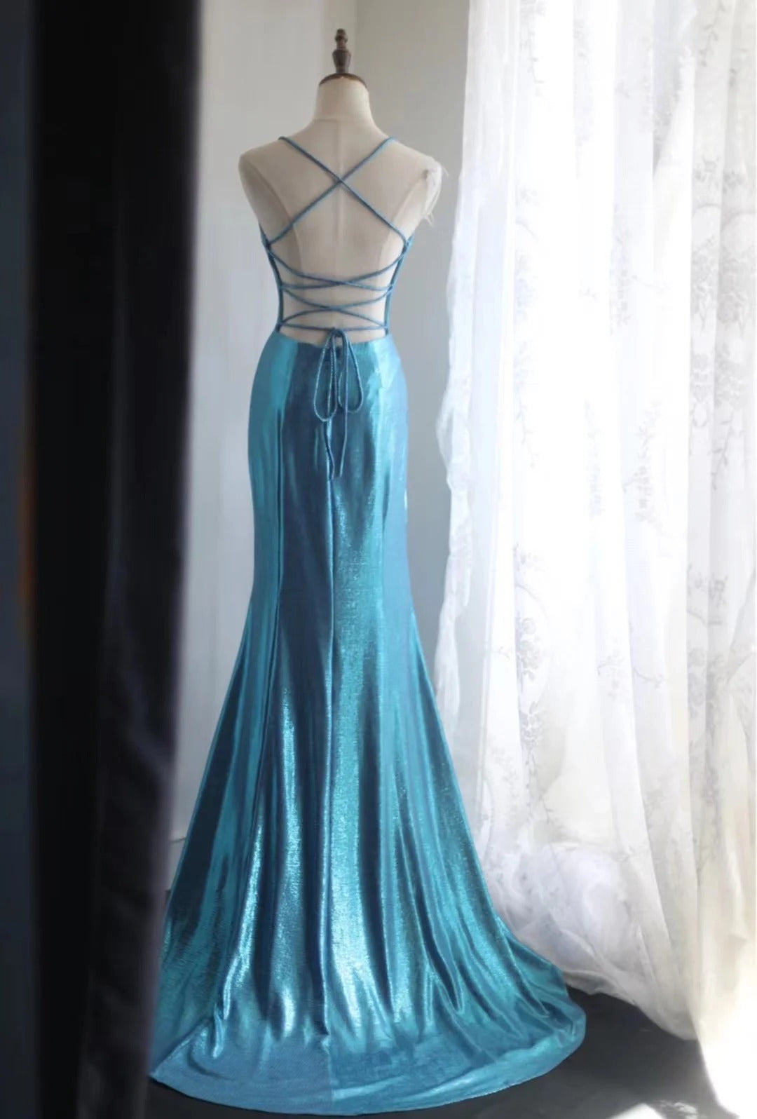 Blaues elegantes Satin-Lang-Meerjungfrauen-Schlankschnitt-Bodenlanges Ballkleid-Abendkleid-Abschlussballkleid gh4201