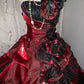 girlhomeshops-Burgundy-Black Paneled Shiny Satin Strapless Sleeve Floor-Long Gothic Ball Gown gh6317