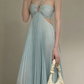 Sheer & Cutout Light Blue Pleated Gown - Cutout Spaghetti Strap Elegant Floor-Length Dress gh6980