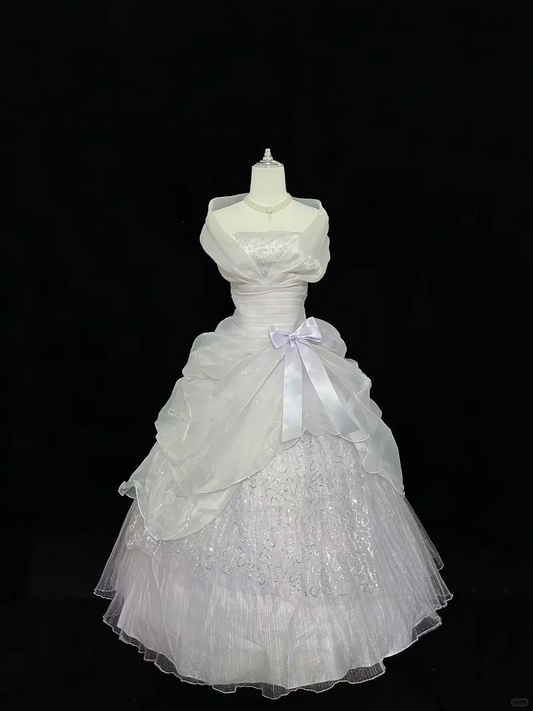 White Vintage Neckline Cinched Waist Sequined Voluminous Princess Skirt Romantic Dress, Wedding Gown gh8005