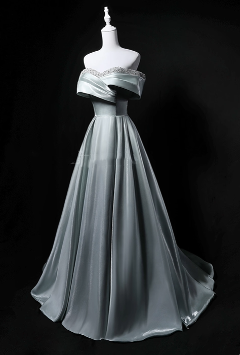 Dusty Mint Green Off-Shoulder Waist-Cinched Fitted Full Flared Long Evening Dress, Fairy Gown, Romantic Gown gh7470