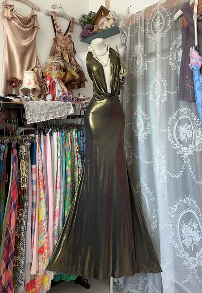 Olive Gold Halter Neck Bodycon Mermaid Prom Dress, Elegant Evening Gown gh7196