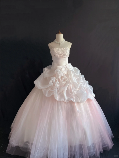 Blush Pink Strapless Long Romantic Gown, Cinched Waist, Voluminous Tiered Cake Skirt, Wedding Dress & Bridal Gown gh8224