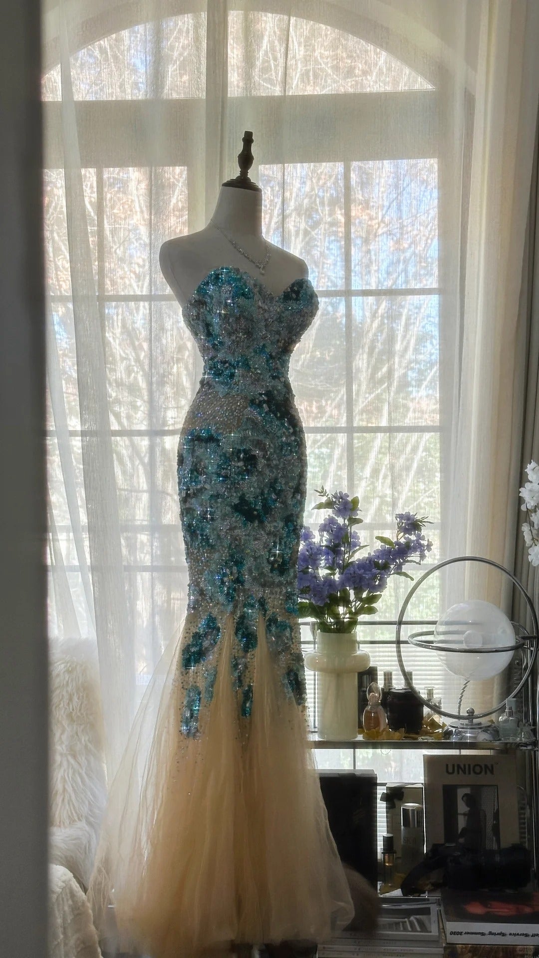 Blaues, wunderschönes, glänzendes, exquisites, perlenbesetztes, langes Chiffon-Tüll-Pailletten-Ballkleid, Abendkleid, Partykleid, Geburtstagskleid, Verabredungskleid, gh4162