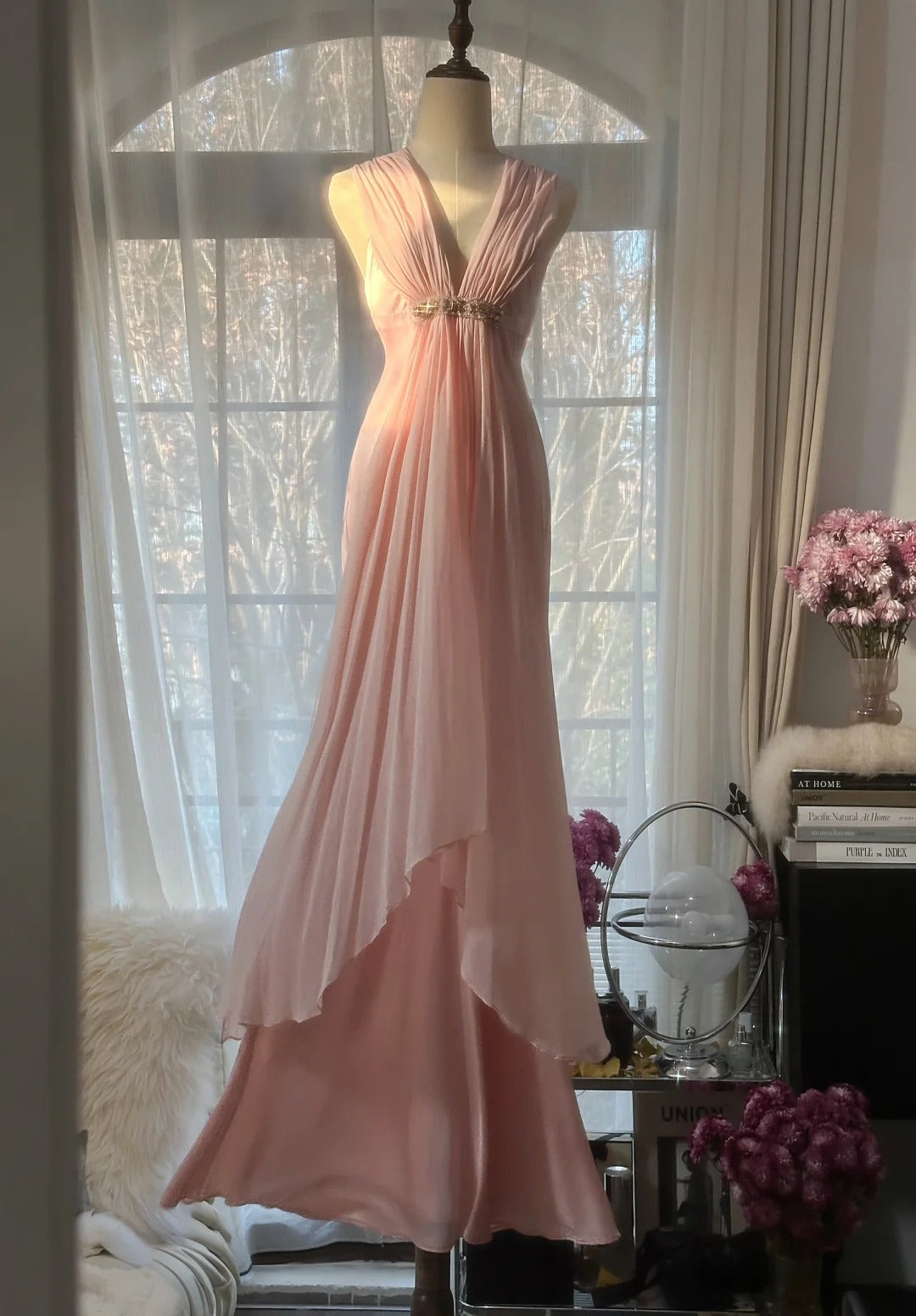 Rosa Elegante Exquisite Strass Lange Satin Chiffon Ballkleid Abendkleid Partykleid Geburtstagskleid Date Kleid gh4163