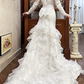Ivory Vintage Satin Mermaid Wedding Prom Dress, Sheer Illusion Sweetheart, Leg‑of‑Mutton Puff Sleeves, Floral Lace Appliqués, Multi‑Tier Ruffled Cake Train gh8689