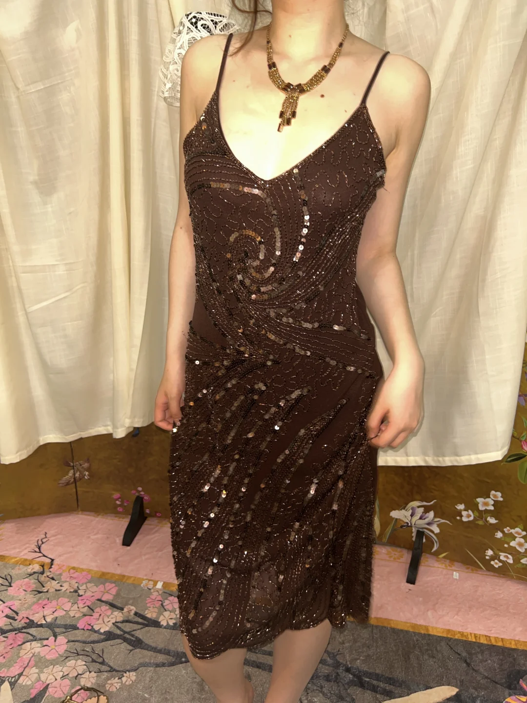 Dark Brown Vintage Luxury Beaded Spaghetti Strap Fitted Waist Prom & Evening Party Dress gh8423