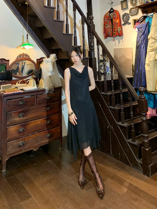 Cowl Neck Black Chiffon Evening Dress, Sleeveless Sparkle Asymmetrical Hem Vintage Midi Formal Gown gh9885