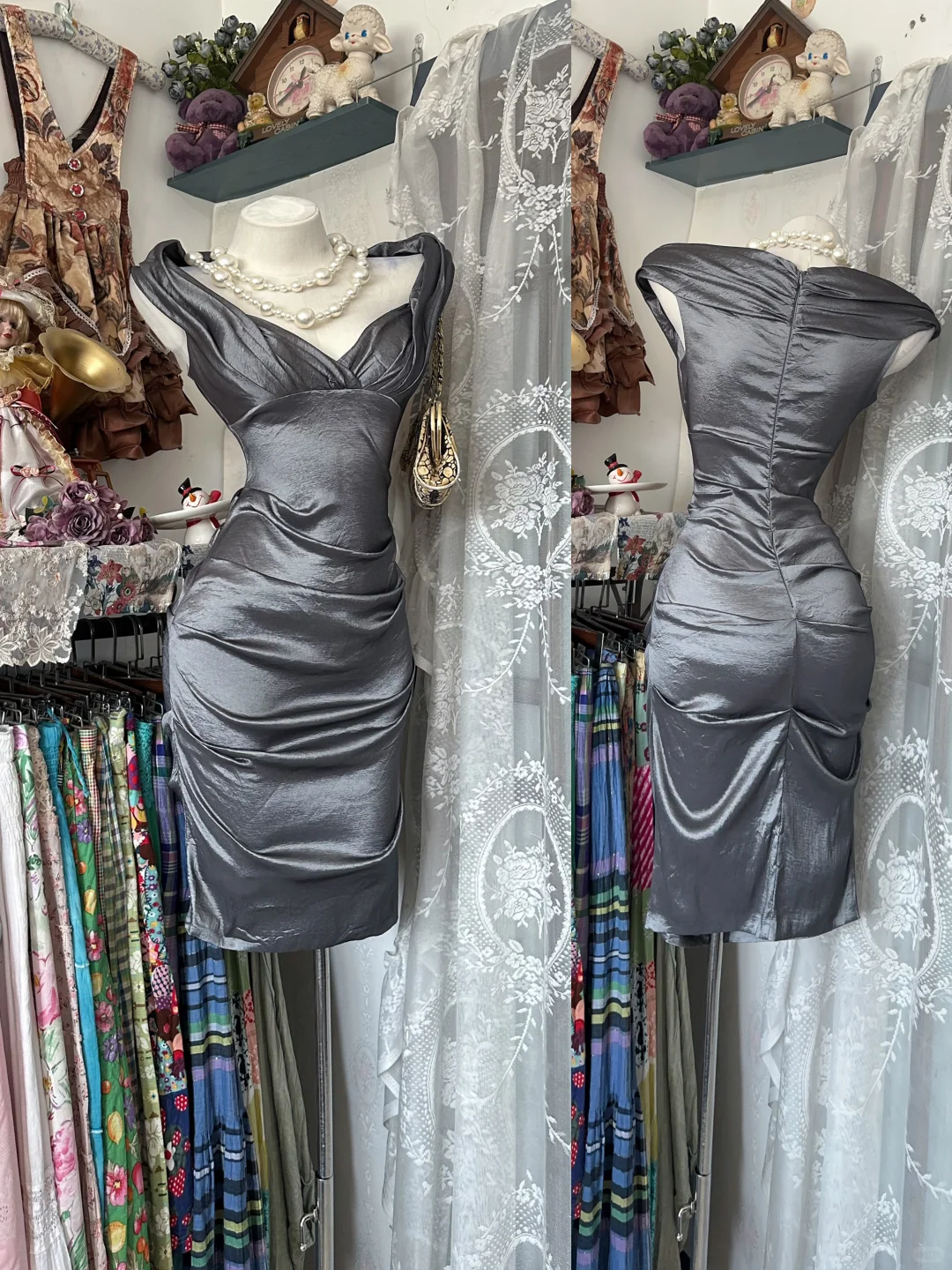 Sexy Silver Gray Luxury Vintage Fitted Waist Slim Bodycon Prom & Evening Party Dress gh8476