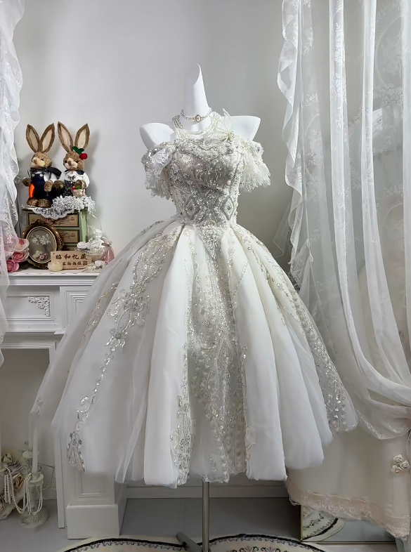 White Off Shoulder Midi Princess Gown, Lace Puff Sleeve Heavy Beaded Sequin A-Line Tulle Party Dress gh9284