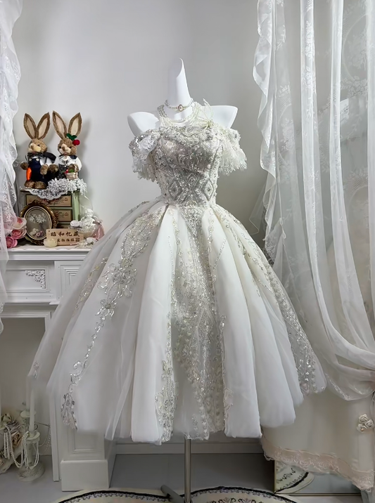 White Off Shoulder Midi Princess Gown, Lace Puff Sleeve Heavy Beaded Sequin A-Line Tulle Party Dress gh9284